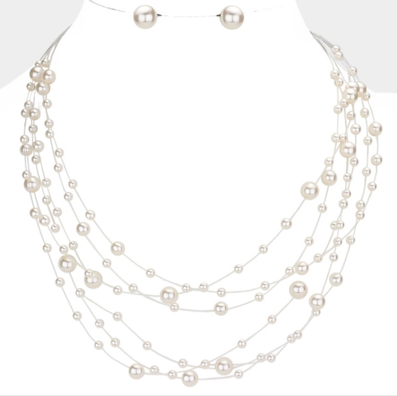 Cream Pearls Galactic Multi Strand Layered Necklace Set Jewelry Accessories - Picture 3 of 3